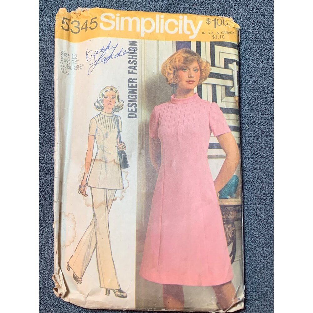 Simplicity 5345 1970s Misses Dress Tunic Pants Pattern Size 12 1970s